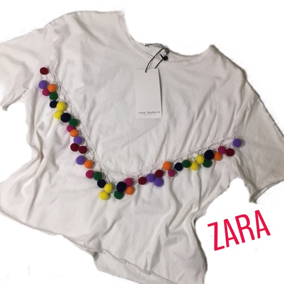 Zara Tops - ZARA Trafaluc Pompom White T Shirt